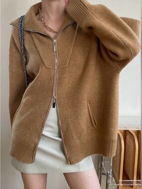 Commense Oversized Open Collar Cardigan  with dual zip front